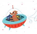 Cartoon of dog riding in spaceship while reading a book about bones.
