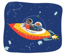A cartoon image of two kids in a spaceship. One is piloting it, the other reading.