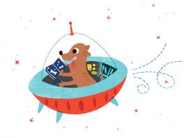 Cartoon of dog riding in spaceship while reading a book about bones.