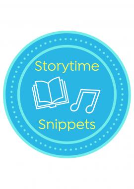blue circle with Storytime Snippets words and logo of a book outline and music notes