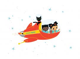 Two kids and a cat flying in a spaceship.