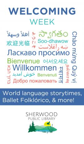 Welcoming Week with "Welcome" word cloud in 17 languages using blue, turquoise, light green, and red.
