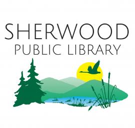 Sherwood Public Library logo with trees, hills, lake, heron flying past the sun.
