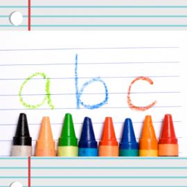 A-B-C written in crayon with a rainbow of crayons at the bottom of the page