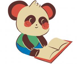  cartoon panda reading while smiling.