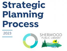 Strategic Planning Process 2023, Sherwood Public Library. Logo of a circle made of four arrows and a landscape of the region.