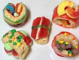 Pretend sushi rolls made out of a variety of candies.