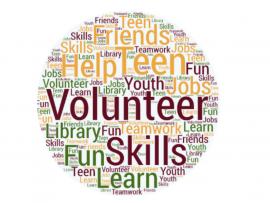 Word Cloud with the words volunteer, fun, skills, learn, help, library repeated