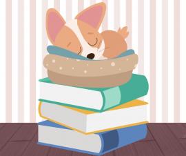 illustration of a dog sleeping in a dog bed on a stack of books.
