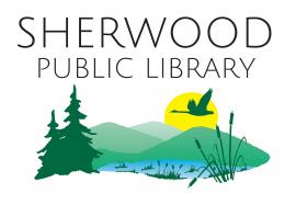 Sherwood Public Library text and logo with evergreens, hills, a body of water, grasses, and a heron in flight.