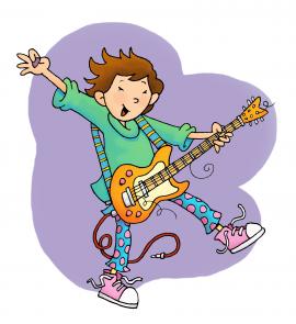 A cartoon image of a child playing a guitar.