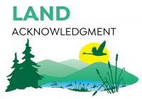 Land acknowledgment and Sherwood logo of hills, trees, and bird