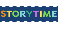 STORYTIME written in bold colorful san serif letters across a wavy dark blue background.