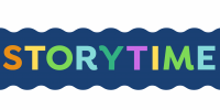 Blue Banner with the word storytime in different color letters