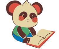  cartoon panda reading while smiling.