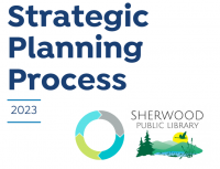 Strategic Planning Process 2023, Sherwood Public Library. Logo of a circle made of four arrows and a landscape of the region.