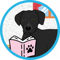 Blue circle outline with illustration of a black dog reading a book