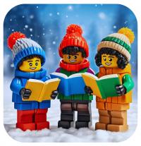 Three LEGO kids reading while wearing winter clothes and standing in the snow.
