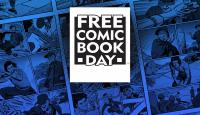Navy blue background with black and white text that reads free comic book