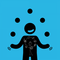 Blue background, info-graphic of human juggling