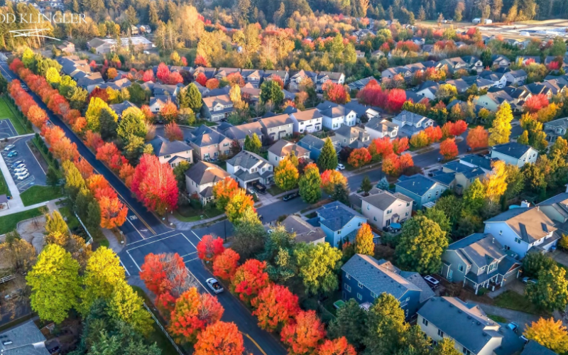 Aerial view of a suburban neighborhood with tree-lined streets in vibrant autumn colors. Rows of houses are surrounded by greenery and colorful foliage.