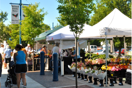 People shopping at a bustling outdoor farmers market with stalls selling flowers and produce under white tents.