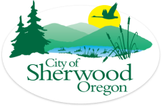City of Sherwood, Oregon logo featuring trees, a lake, mountains, a sun, and a flying bird.
