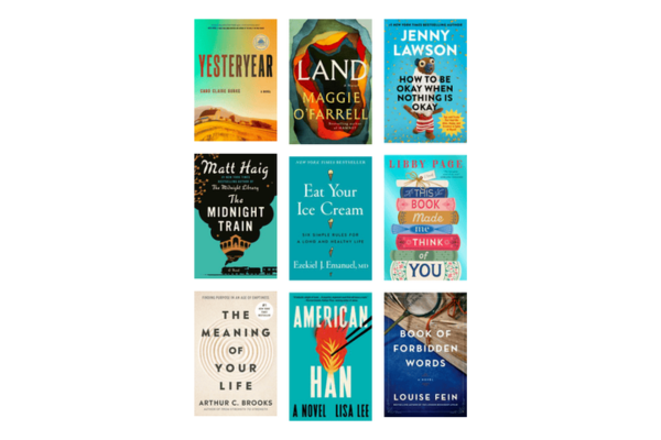 A 3x3 grid of nine contemporary book covers, each with colorful designs and various fonts, displayed in three rows.
