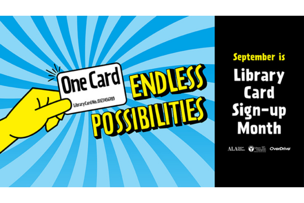 A yellow hand holds a library card with text reading 