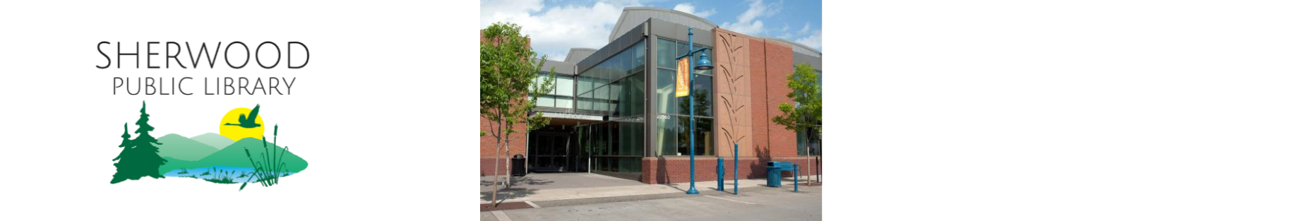 Exterior view of Sherwood Public Library with brick facade, glass entrance, trees, and a library logo featuring a nature scene on the left.