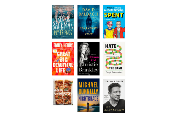 A grid of nine book covers, including titles by Fredrik Backman, David Baldacci, Alison Bechdel, Emily Henry, Christie Brinkley, Michael Connelly, and Jeremy Renner.