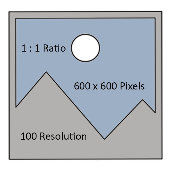 Illustration of a 600x600 pixel image with a mountain icon, 1:1 ratio, and 100 resolution, featuring a sun or moon icon.