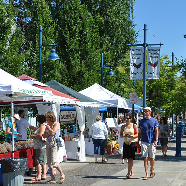 People walk by vendor booths during an outdoor market on a sunny day. There are banners, trees, and various stalls lining the street.