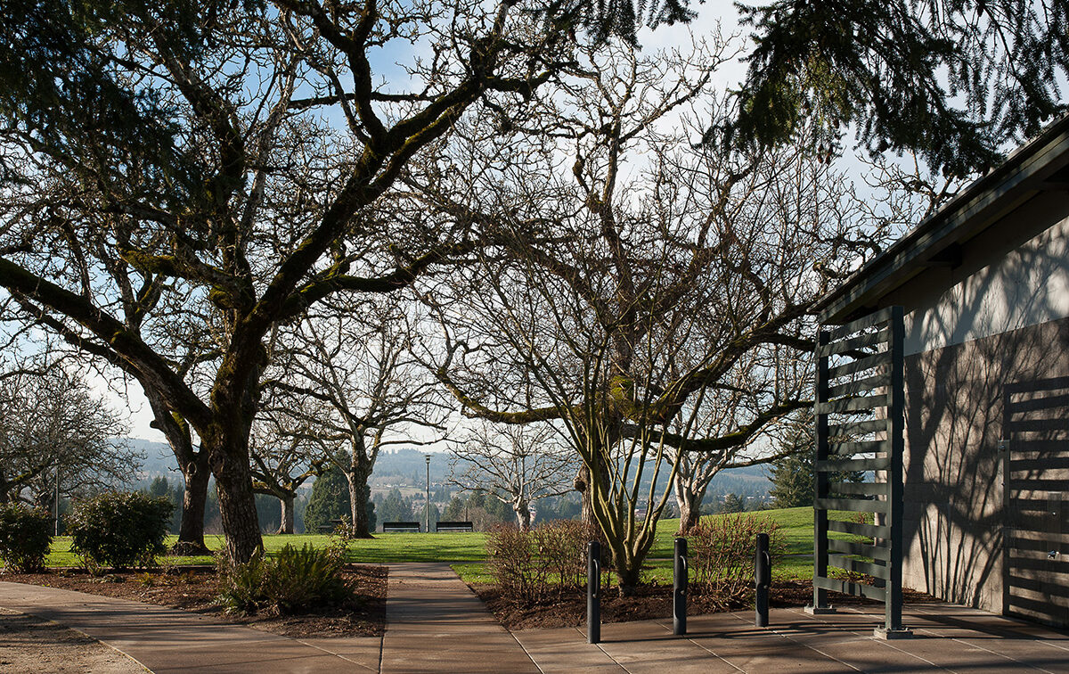 Park pathway with bare trees on a cloudy day, flanked by a building with slatted wall on the right. Distant view of a cityscape in the background.