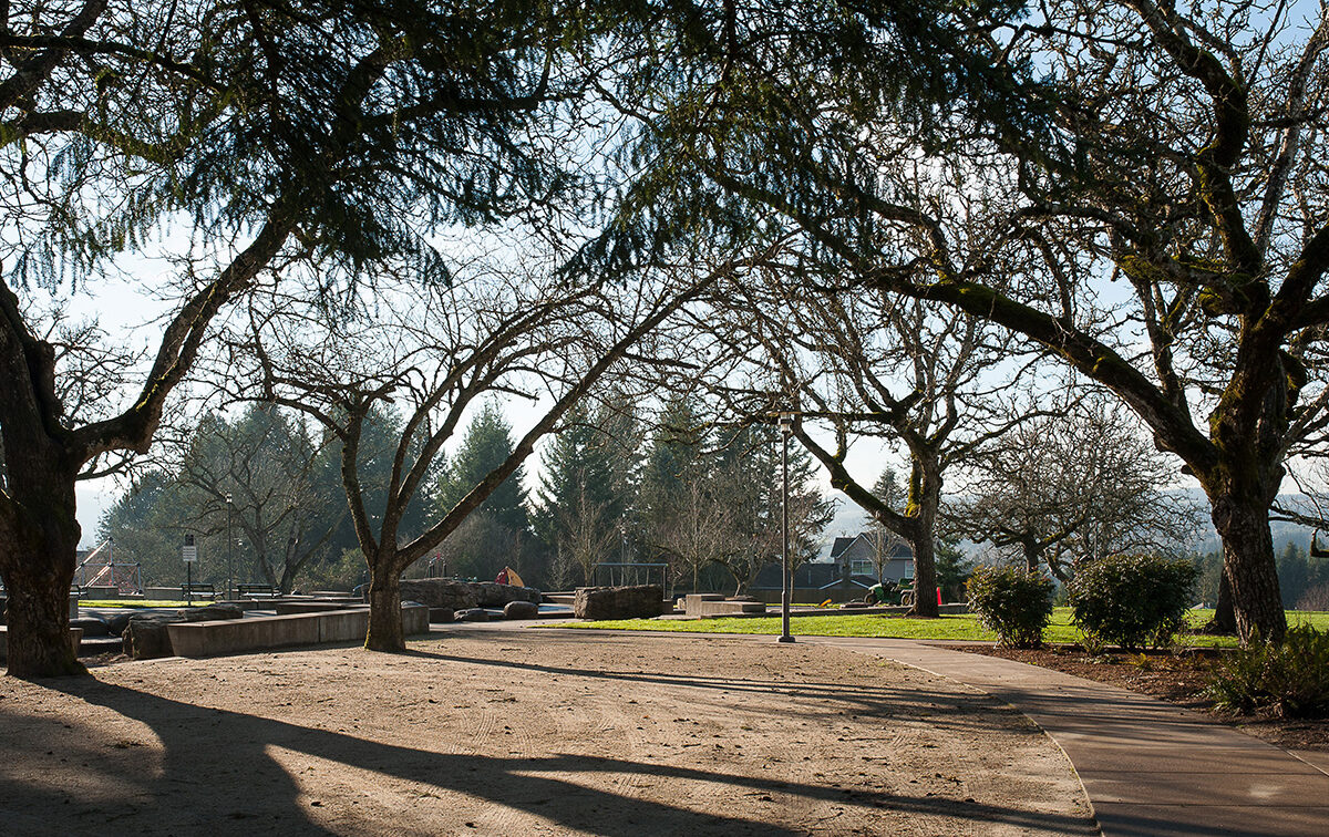 A park scene with winding pathways, bare trees, and distant evergreen trees. Scattered benches and a playground structure are visible under a clear sky.