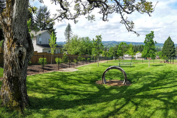 A park landscape with a grassy field, trees, a wooden play tunnel, and houses beyond a fenced area under a partly cloudy sky.