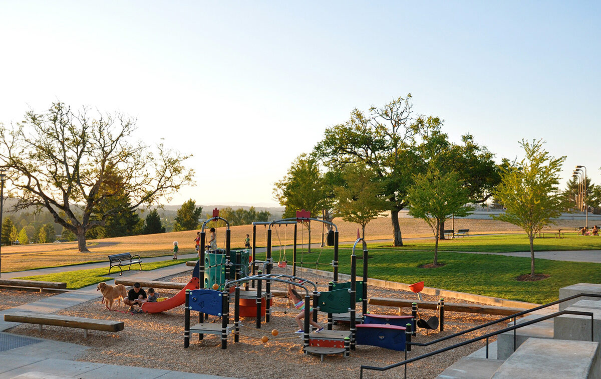 Playground with slides and climbing structures, surrounded by trees and grass, under a clear sky. A few people and dogs are visible in the background.