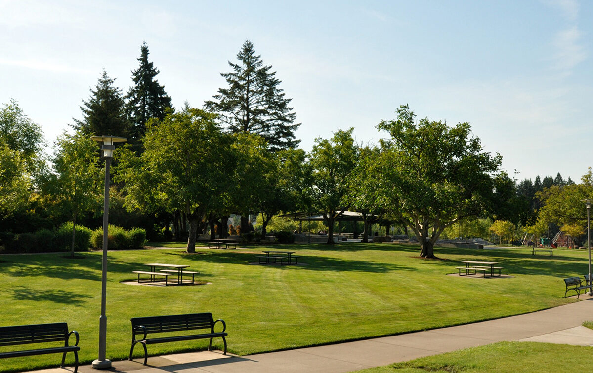 A park with green grass, benches, and trees under a clear sky. A paved path runs through the area.