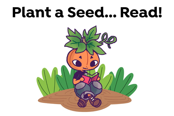 Illustration of a character with a pumpkin head sitting on the ground and reading a book, with the text 