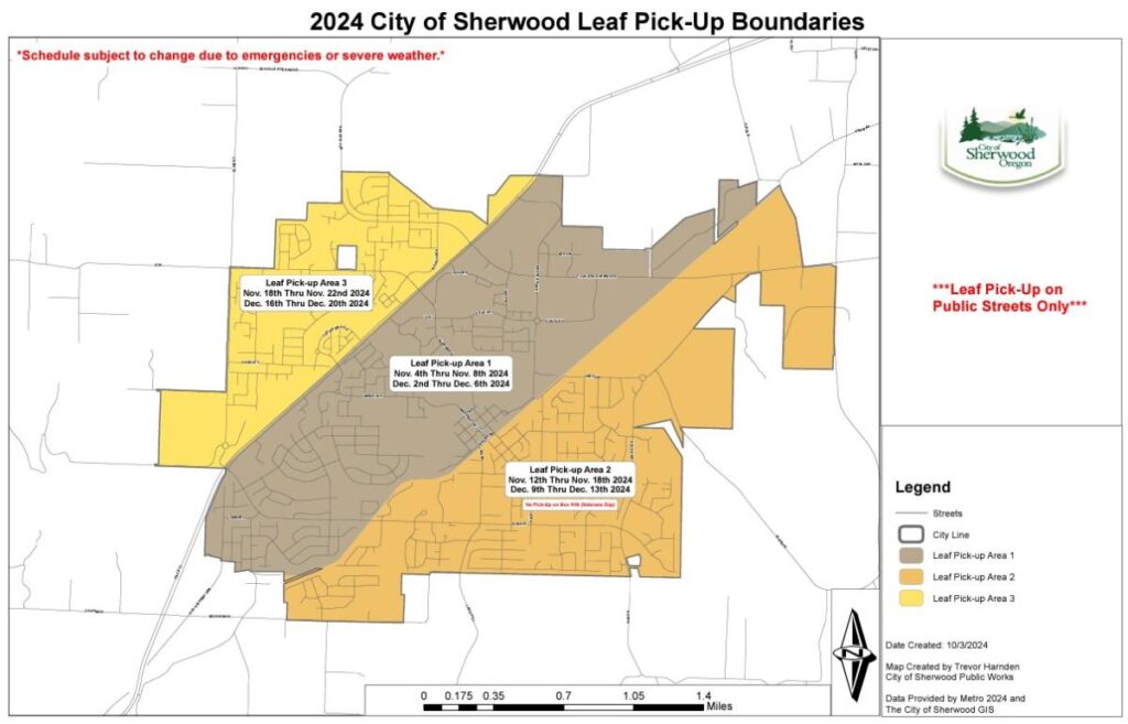 Map illustrating the 2024 City of Sherwood leaf pick-up boundaries, divided into four areas with specific dates. Includes streets, legend, and the Sherwood logo.