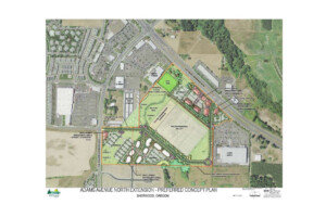 Aerial map showing the Adams Avenue North Extension concept plan in Sherwood, Oregon, with roads, parking lots, and green space outlined and labeled.