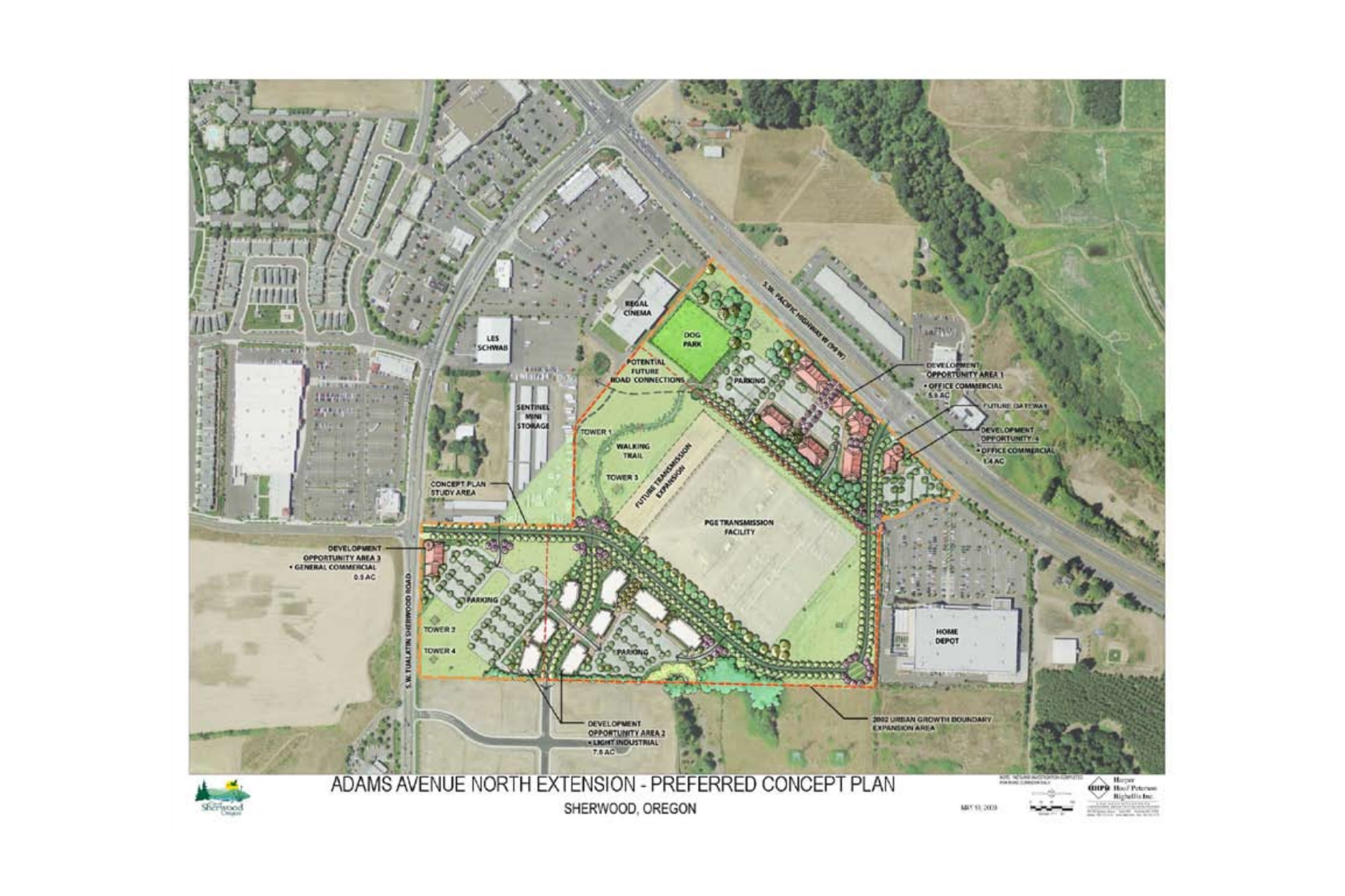 Aerial map showing the Adams Avenue North Extension concept plan in Sherwood, Oregon, with roads, parking lots, and green space outlined and labeled.