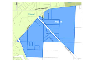 Map highlighting Area 48 in blue, intersected by Hwy 99 and Day Pkwy, located south of Tualatin Sherwood Road.