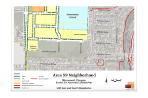 Map of Area 59 Neighborhood in Sherwood, Oregon, showing zoning for single and multi-family lots, school, parks, roads, and boundaries.
