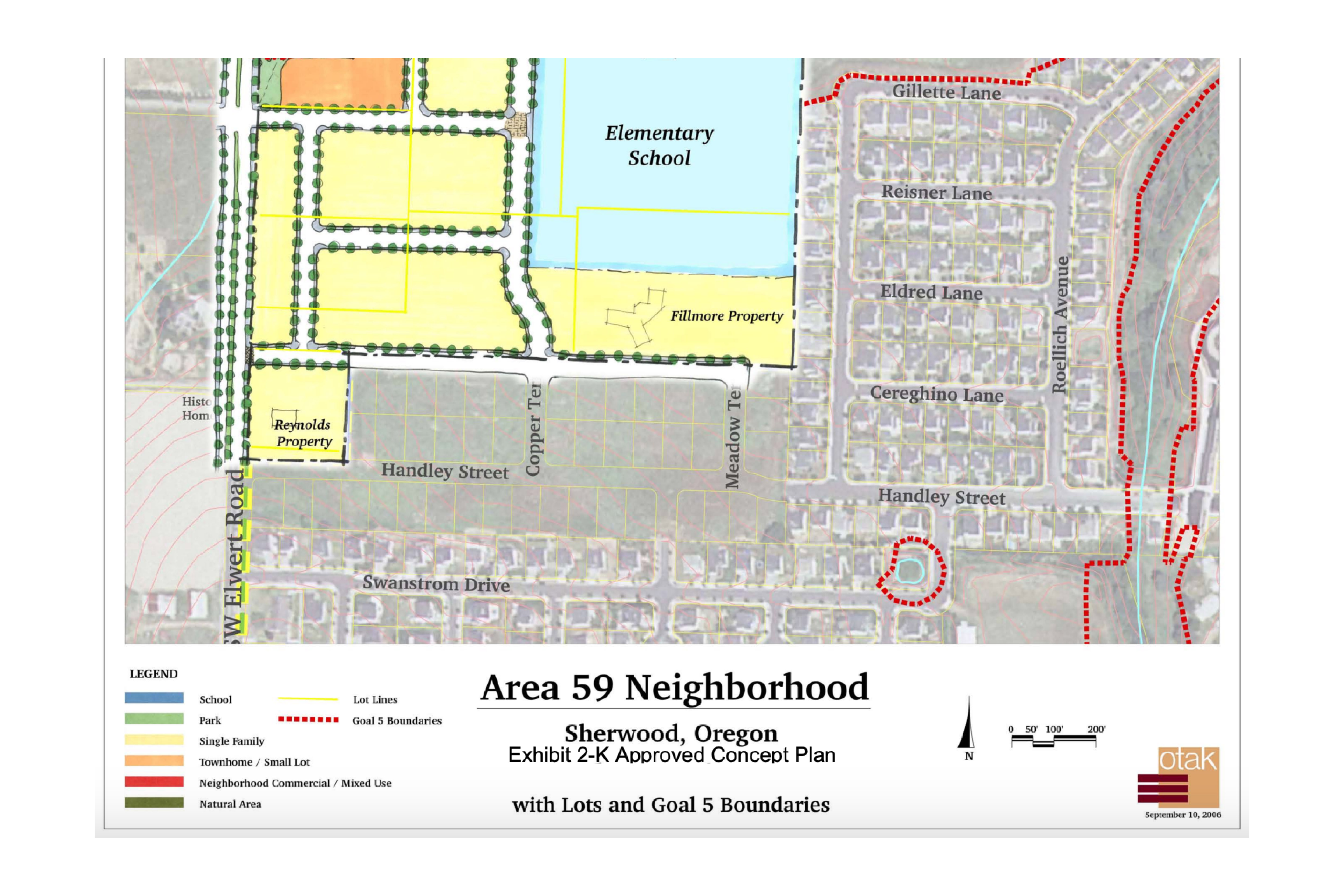 Map of Area 59 Neighborhood in Sherwood, Oregon, showing zoning for single and multi-family lots, school, parks, roads, and boundaries.