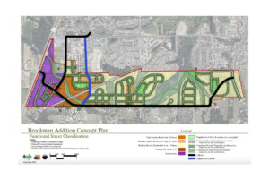 Map showing the Brookman Addition Concept Plan with color-coded residential, commercial, and street classifications overlaid on an aerial view of a neighborhood.