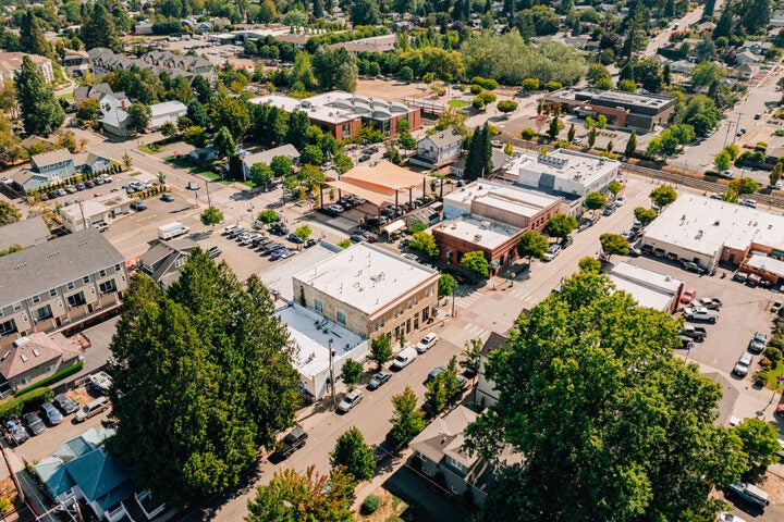Aerial view of a suburban neighborhood featuring residential houses, commercial buildings, and a tree-lined street with parked cars on a sunny day.