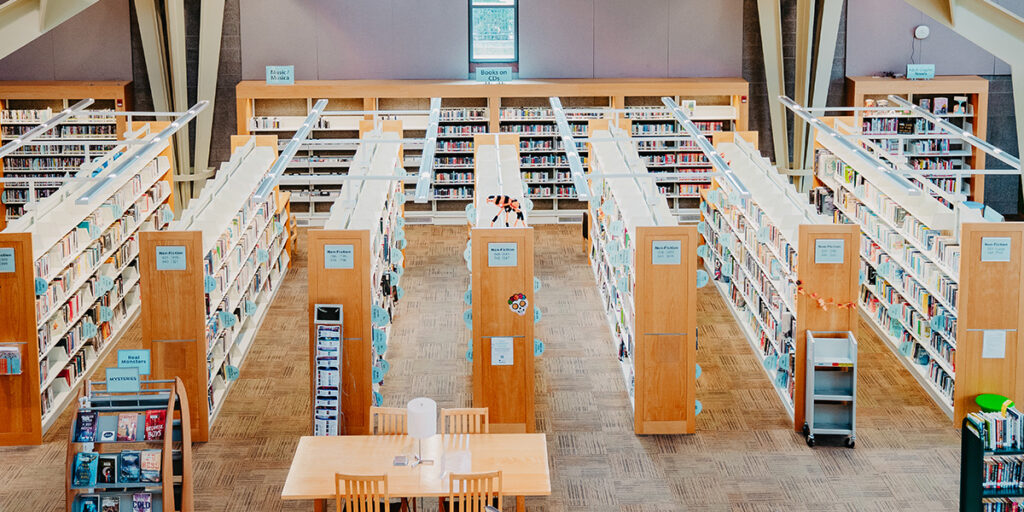 Aerial view of a brightly lit library showing rows of bookshelves and a wooden table with chairs, set against a backdrop of a patterned carpet.