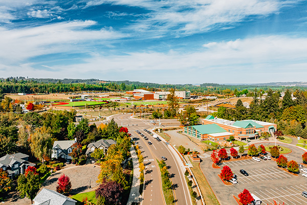 Aerial view of a suburban area with houses, roads, and parking. Trees with autumn foliage line the streets, and buildings are visible in the background under a partly cloudy sky.