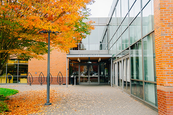 City hall entrance with glass windows and brick walls, surrounded by autumn trees with orange leaves on the ground.